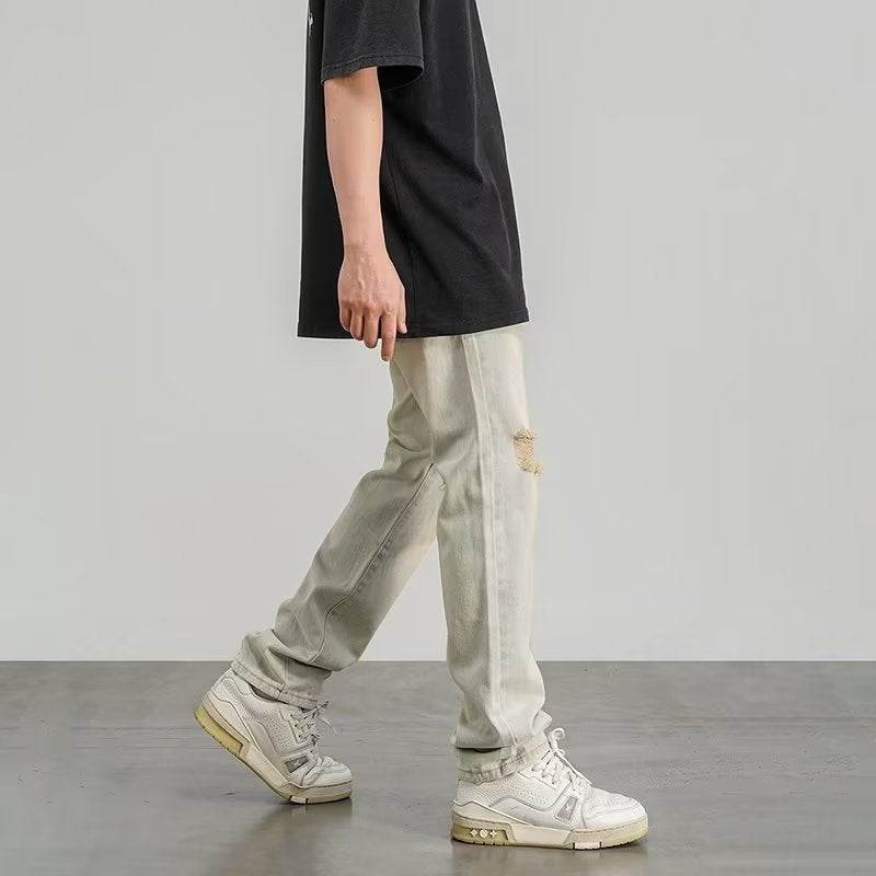 Ripped Jeans Men's Thin Yellow Mud Color Wide Leg MuddyStock
