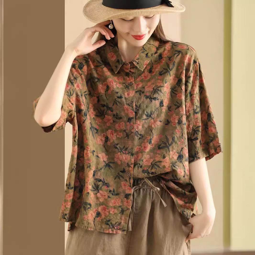 Retro Fried Color Printing Cotton Linen Shirt MuddyStock