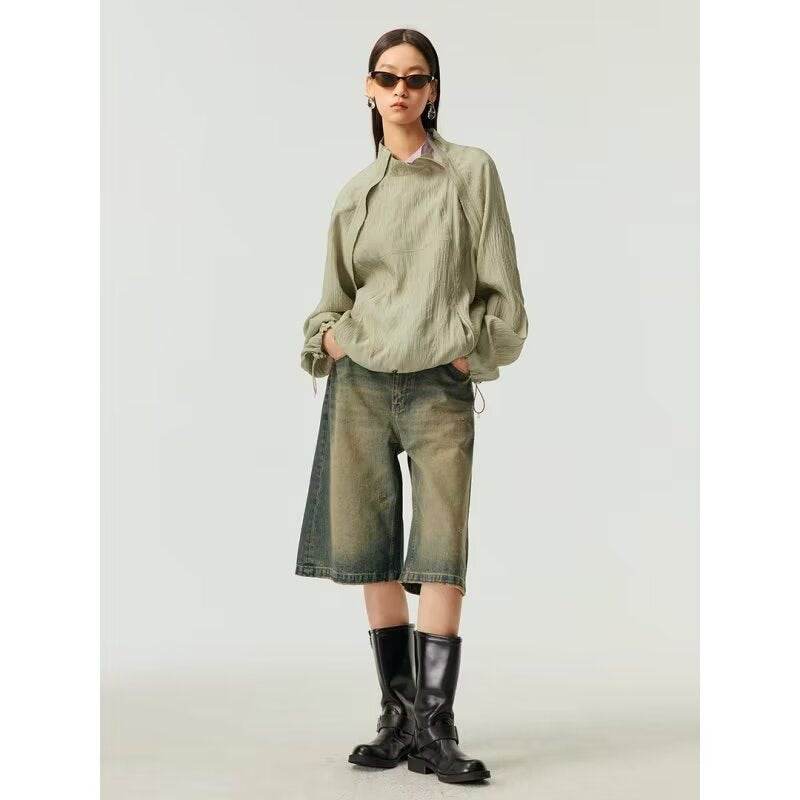 Washed Casual Baggy Straight Trousers Middle Ripped Cropped Pants Blue MuddyStock