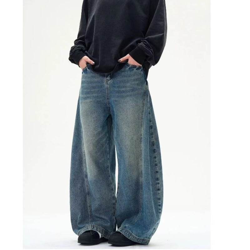 American Retro Washed Distressed Machete Design Jeans For Men And Women Blue MuddyStock