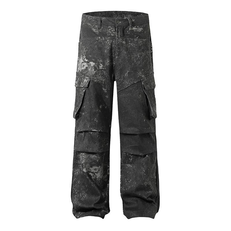 High Street American Splash-ink Distressed Pleated Multi-pocket Cargo Pants For Men And Women Camouflage MuddyStock