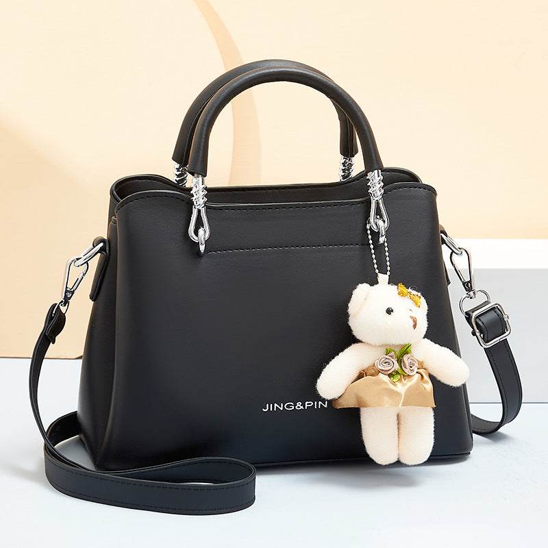 Handbag Shoulder Large Capacity Soft Leather Bear Pendant Women's Bag Black MuddyStock