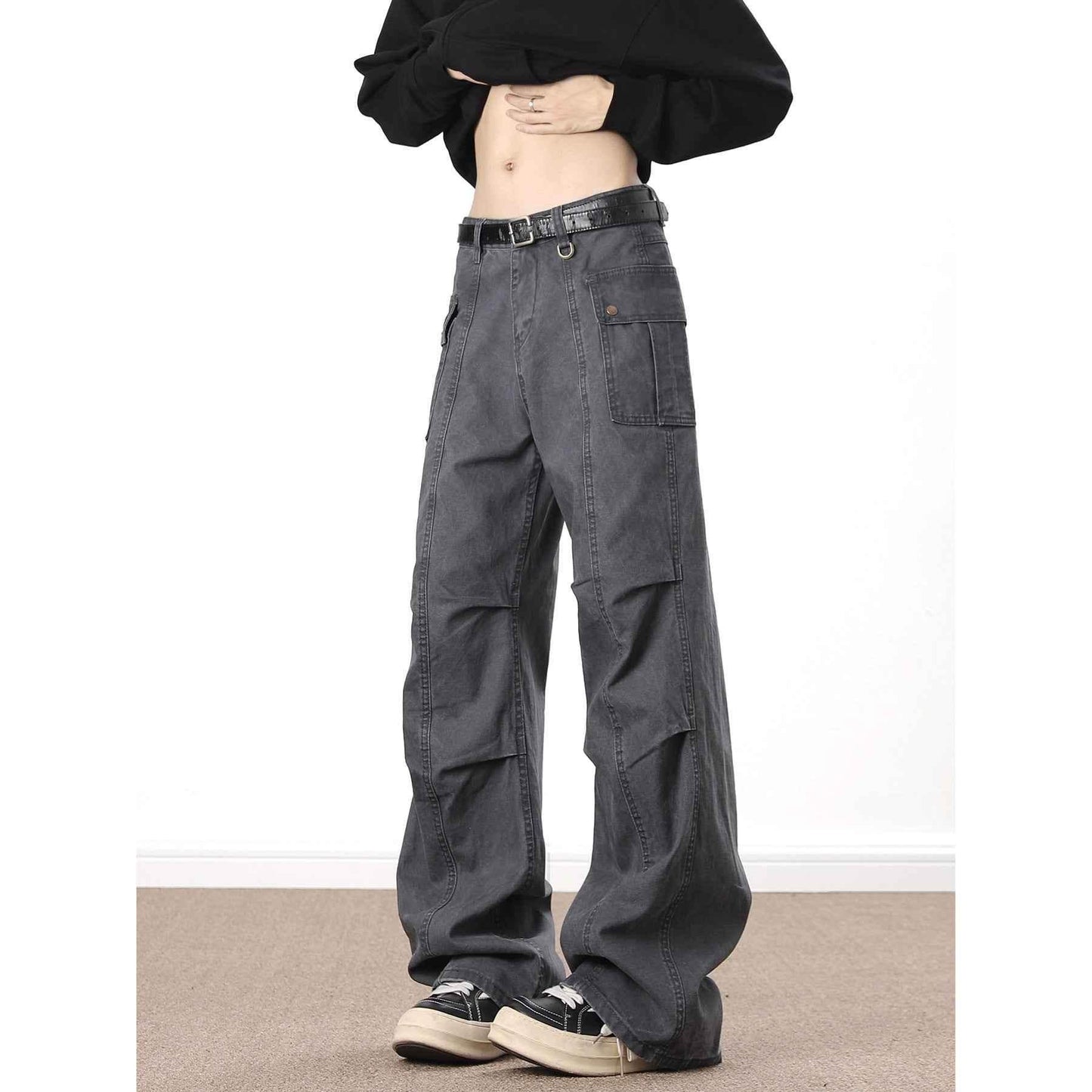 American High Street Washed Distressed Overalls Dark Gray