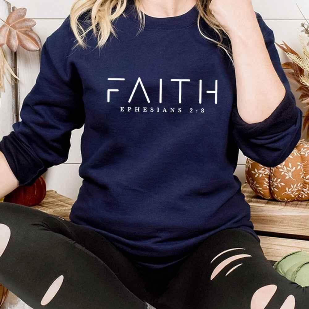 Trendy Faith Sweatshirt Bible Verse Shirt Christian Clothing Navy Blue MuddyStock
