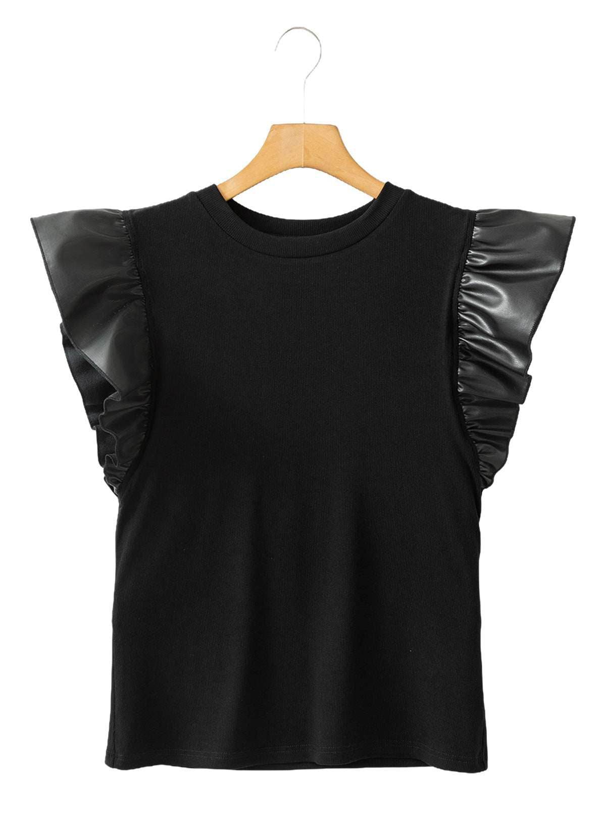 Pullover Women's Mesh Stitching Ruffle Cotton Short Sleeve Solid Color T-shirt Black MuddyStock