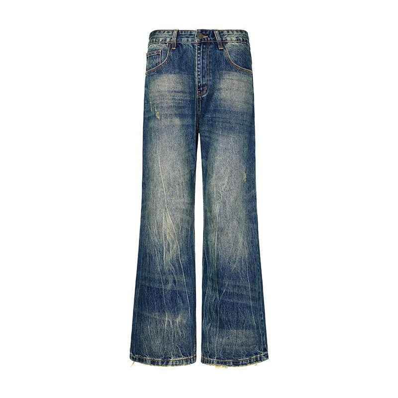 Street Scrape Water Pattern Simple Loose Micro-flared Jeans For Men Blue MuddyStock