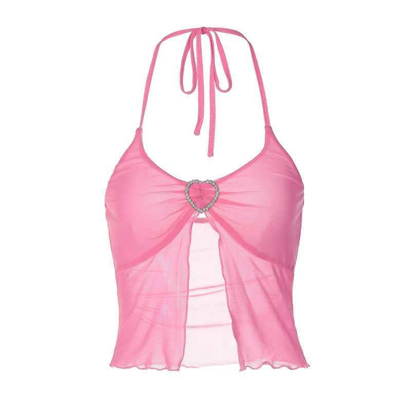 Pink Mesh Stitching Chest-wrapped Halter Vest For Women MuddyStock