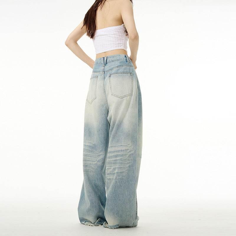 Water Washed Hole Wide Jeans For Men And Women