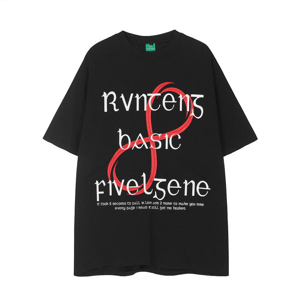Creative Letters Puff Print Short Sleeve For Men And Women Black MuddyStock