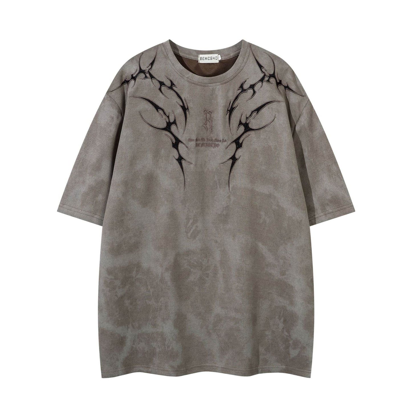 Summer American Retro Thorn Embroidered Short-sleeved T-shirt Men Brown MuddyStock