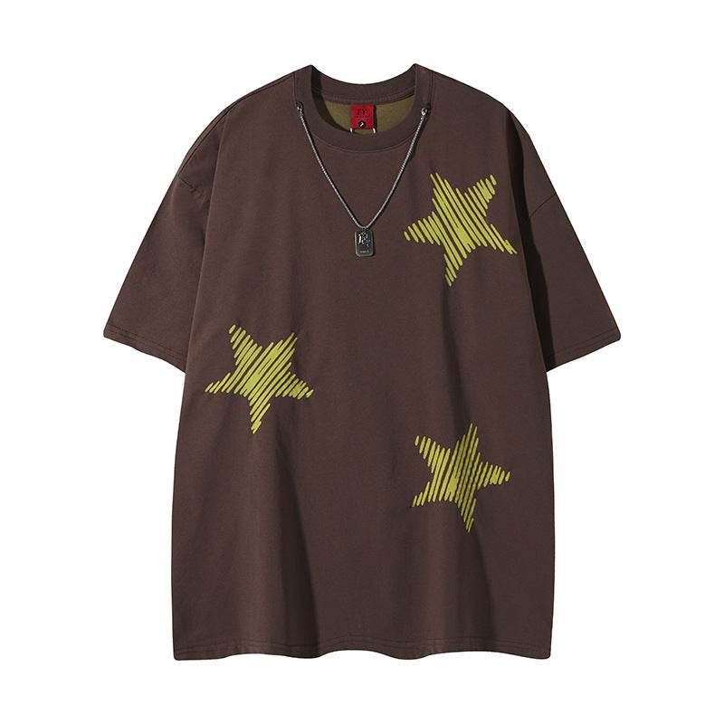 Cool Contrast Color Five-pointed Star Loose Top For Men And Women Brown MuddyStock