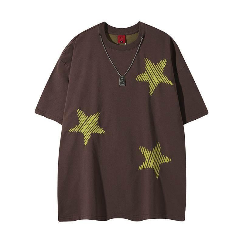 Cool Contrast Color Five-pointed Star Loose Top For Men And Women Brown