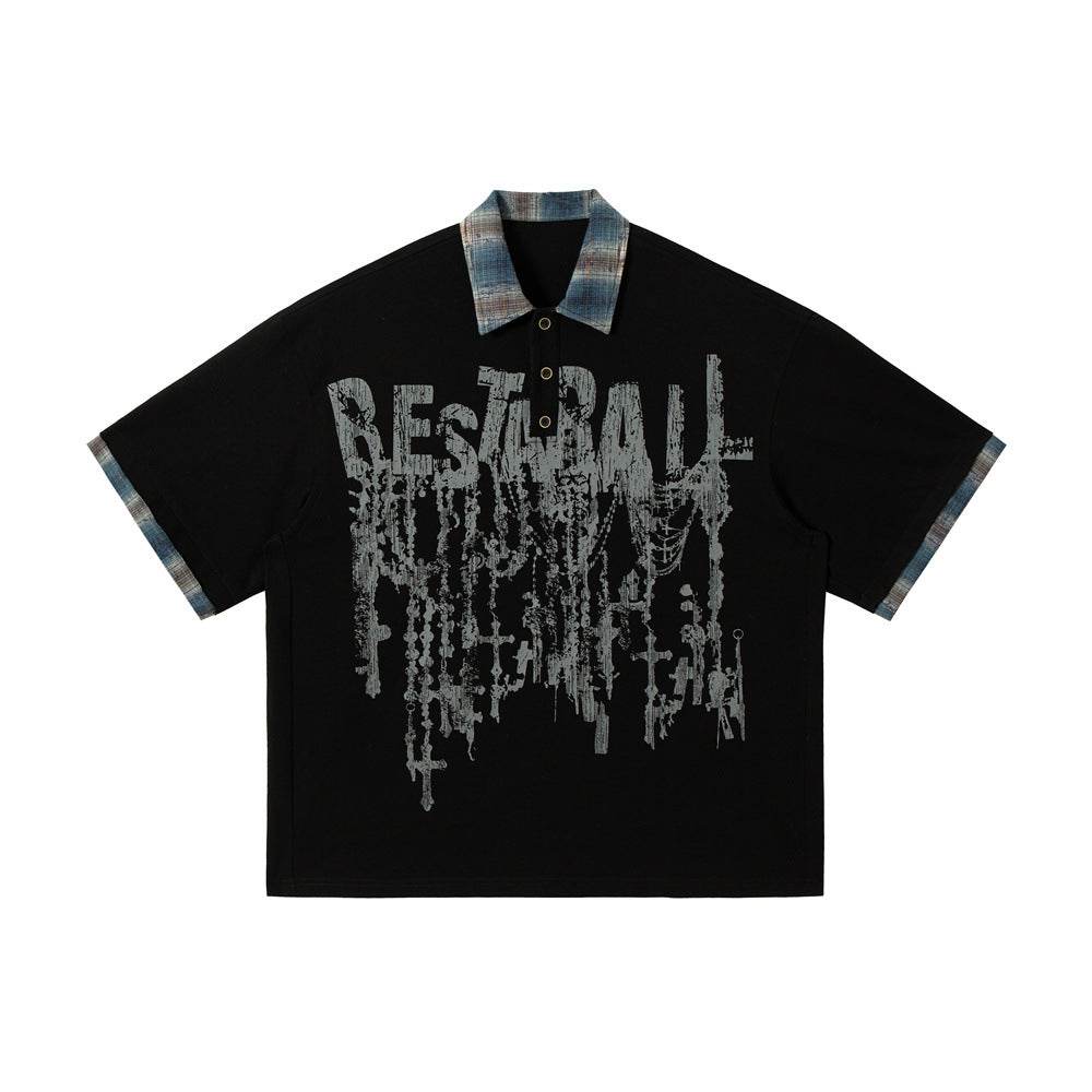 Lapel Graffiti Printing Loose Short-sleeved T-shirt For Men Residual Blue MuddyStock