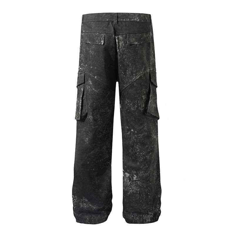 High Street American Splash-ink Distressed Pleated Multi-pocket Cargo Pants For Men And Women MuddyStock