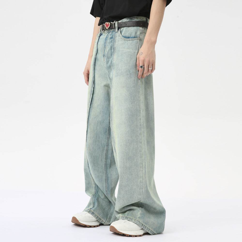 Retro Light Color Stitching Design Straight Wide Leg Jeans For Men MuddyStock