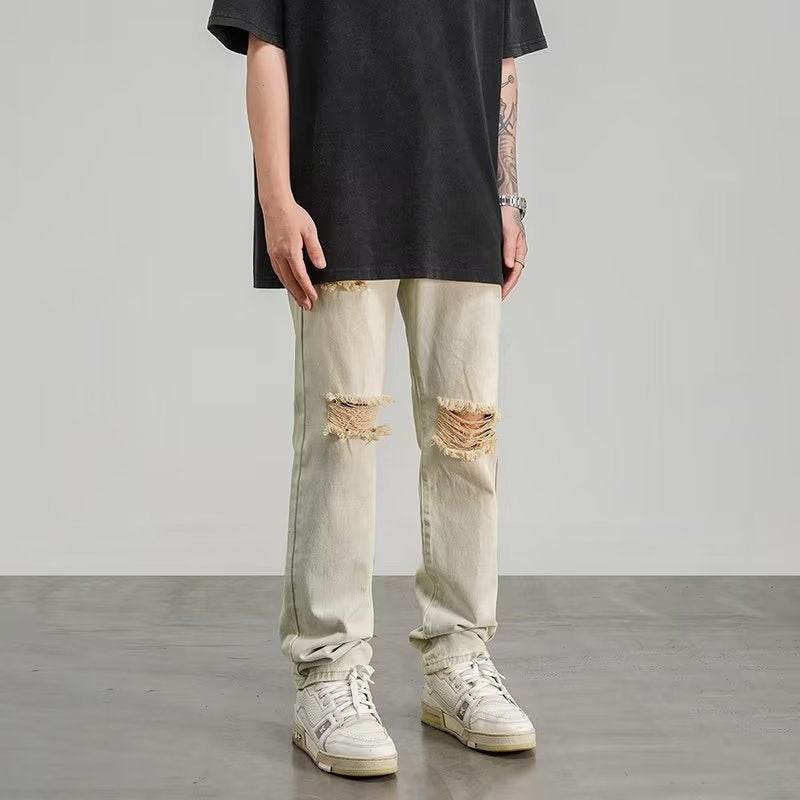 Ripped Jeans Men's Thin Yellow Mud Color Wide Leg MuddyStock