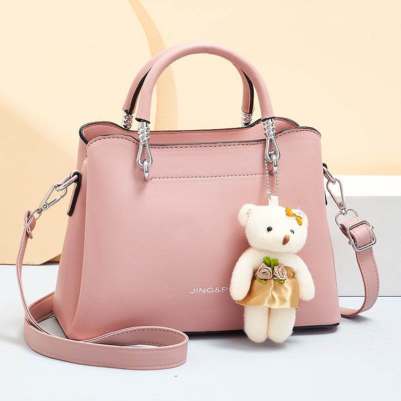 Handbag Shoulder Large Capacity Soft Leather Bear Pendant Women's Bag Pink MuddyStock