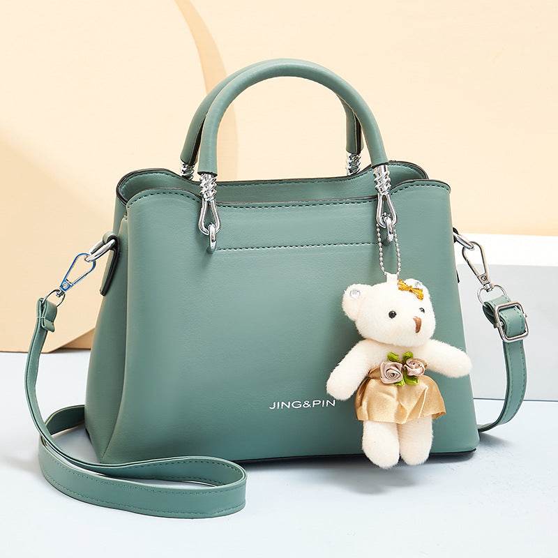 Handbag Shoulder Large Capacity Soft Leather Bear Pendant Women's Bag Green MuddyStock