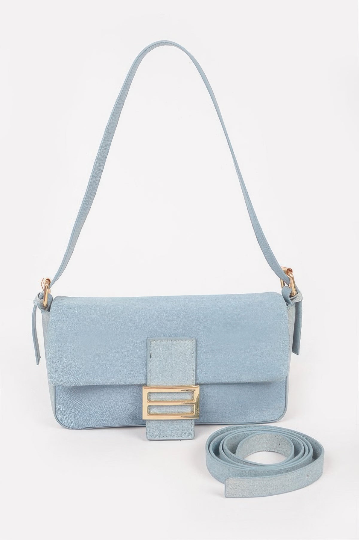Denim Metal Buckle Shoulder Bag For Women Light Blue