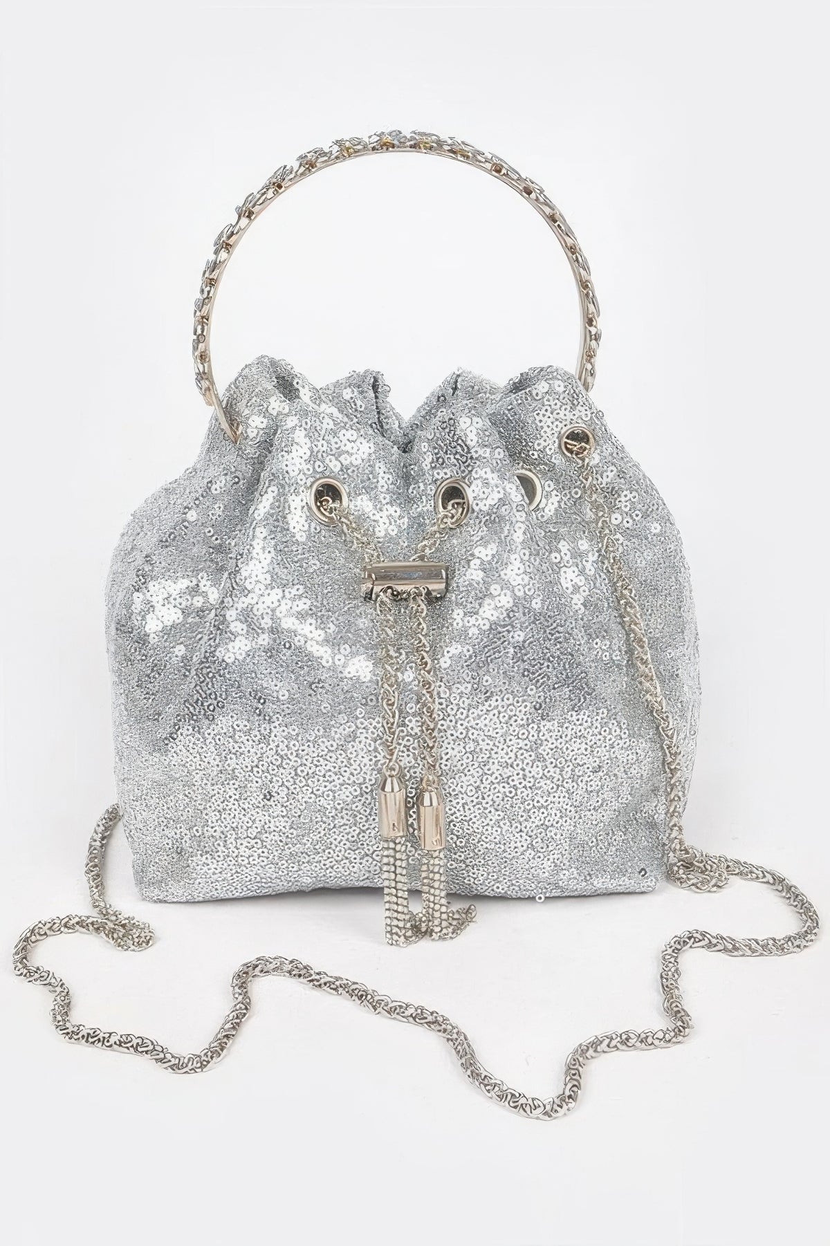 Sequins Bucket Bag W/stone Handle For Women Silver