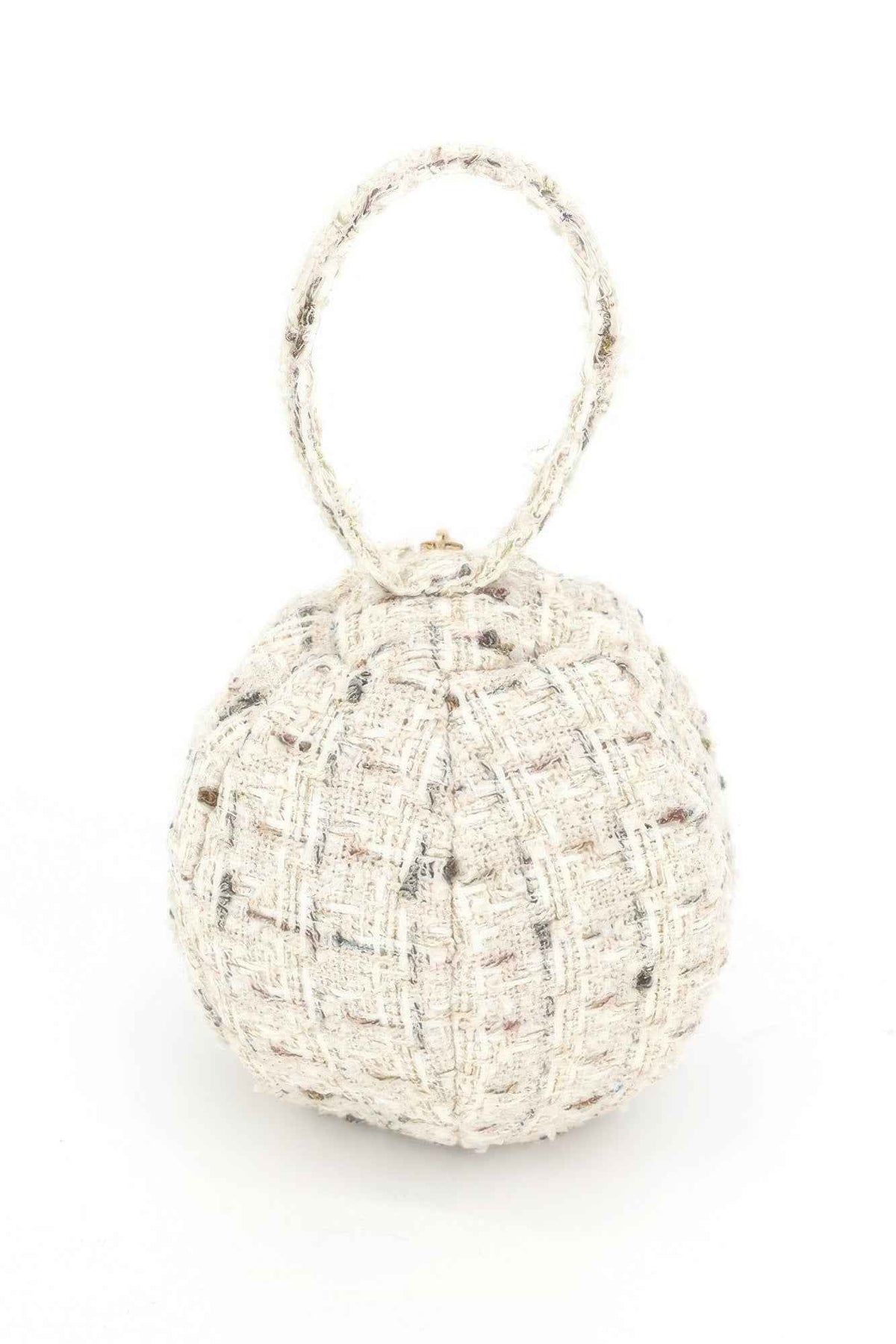 Tweed Round Ball Bag With Top Handle For Women Ivory