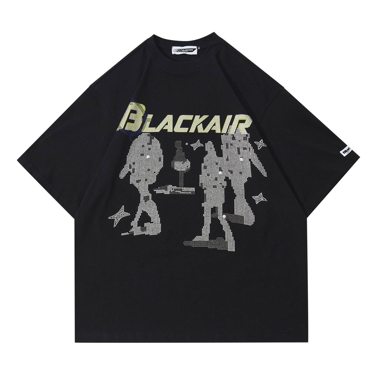 Women's Vintage Printed Rhinestone Double Yarn Short Sleeve Black MuddyStock