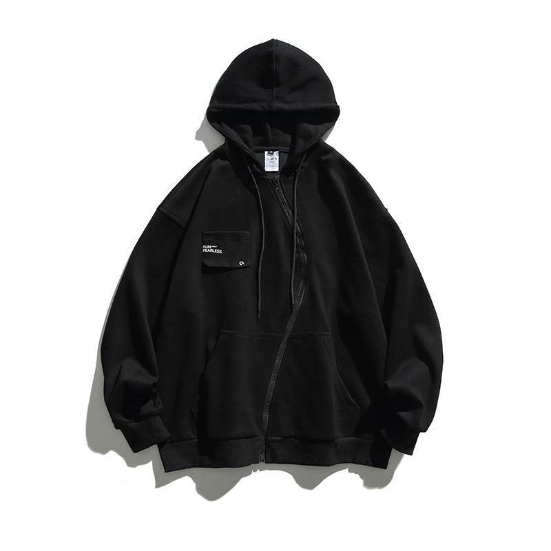 Retro Hooded Sweater Men And Women Irregular Zipper Black MuddyStock