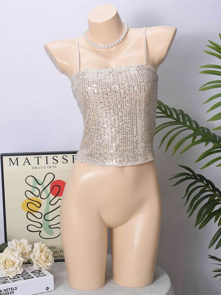 Sleeveless Hollow Backless Sequin Sling Apricot MuddyStock
