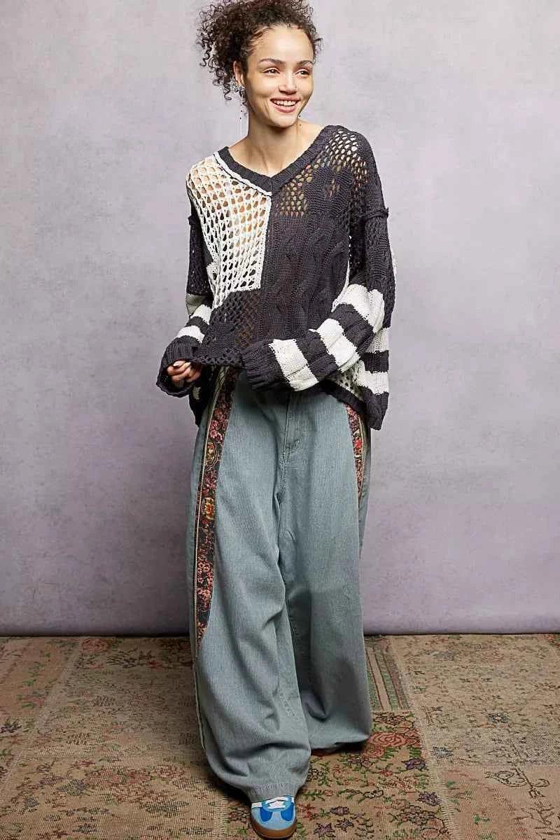 Stripe Pattern Knit Top with Twisted Weave For Women