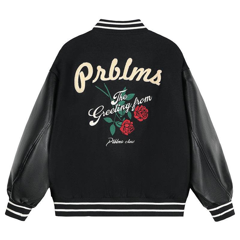 Rose Embroidered Baseball Uniform Loose High Street Jacket For Men Black MuddyStock