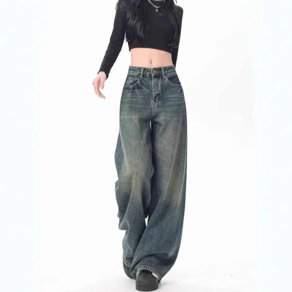 High Waist Drooping Versatile Mop Wide Leg Jeans For Women