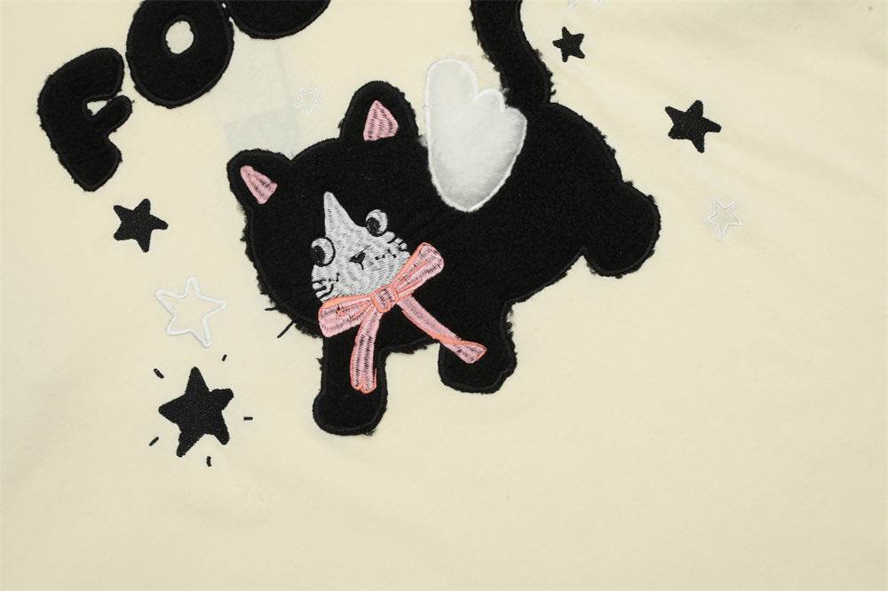 Cartoon Kitten Flocking Embroidered Short Sleeve For Men And Women MuddyStock