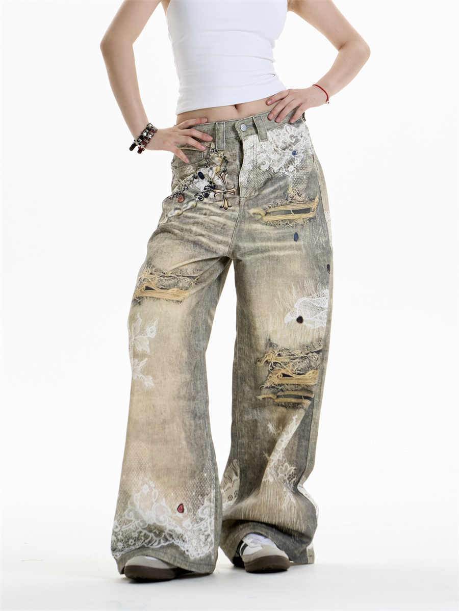 Cross Printed Jeans Women's Wide-leg Pants MuddyStock