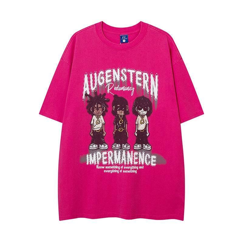 Personality Depressed Anime Print Short Sleeve For Men And Women Rose Red