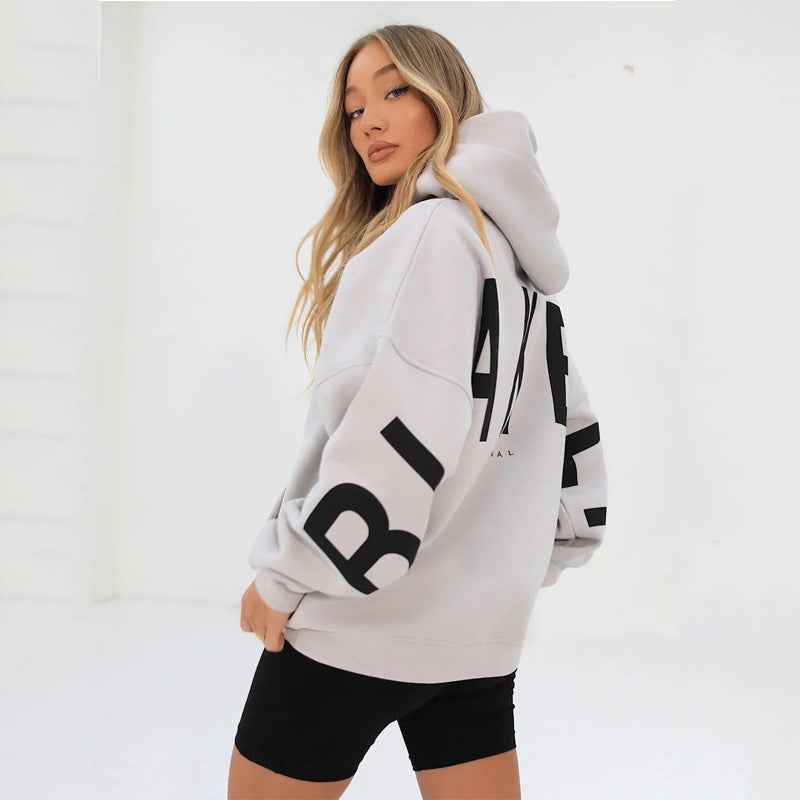 Women's Fashion Printed Thickening Long Sleeve Loose Hooded Sweater White MuddyStock