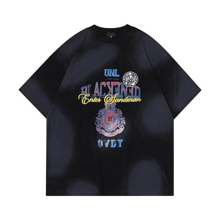 Retro Distressed Design Printed Short Sleeve For Men And Women Black