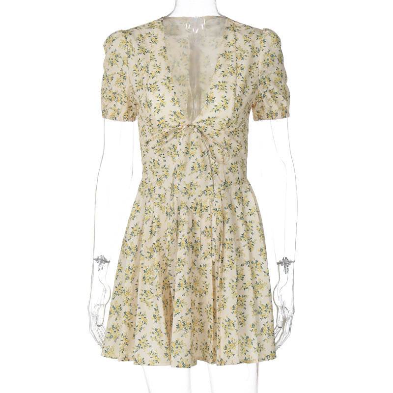 Fashion Pleated Floral Dress For Women Yellow MuddyStock