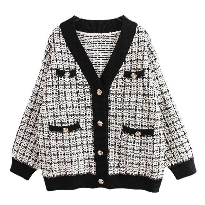 Knitted Jacket Women's Cardigan Plaid Loose Thickening Small Fragrance Style Foreign Style MuddyStock