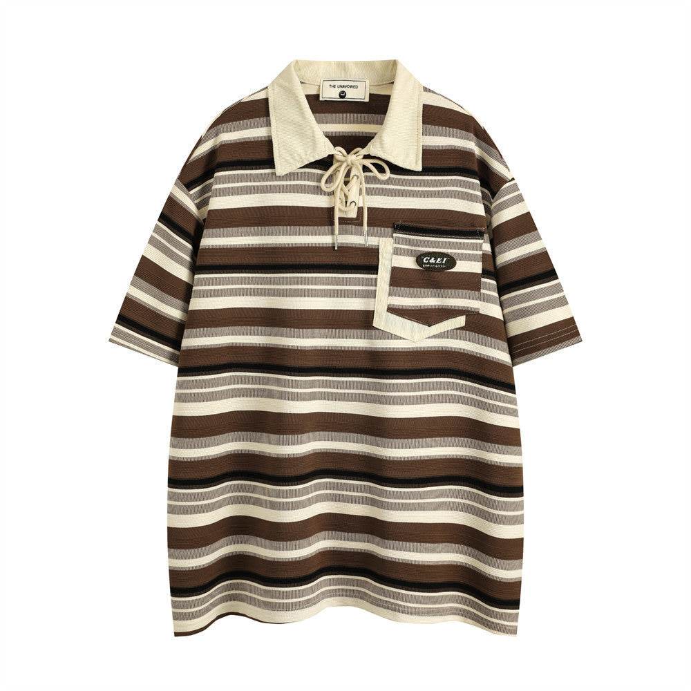 Retro Loose Striped Short-sleeved Polo Shirt For Men Green MuddyStock