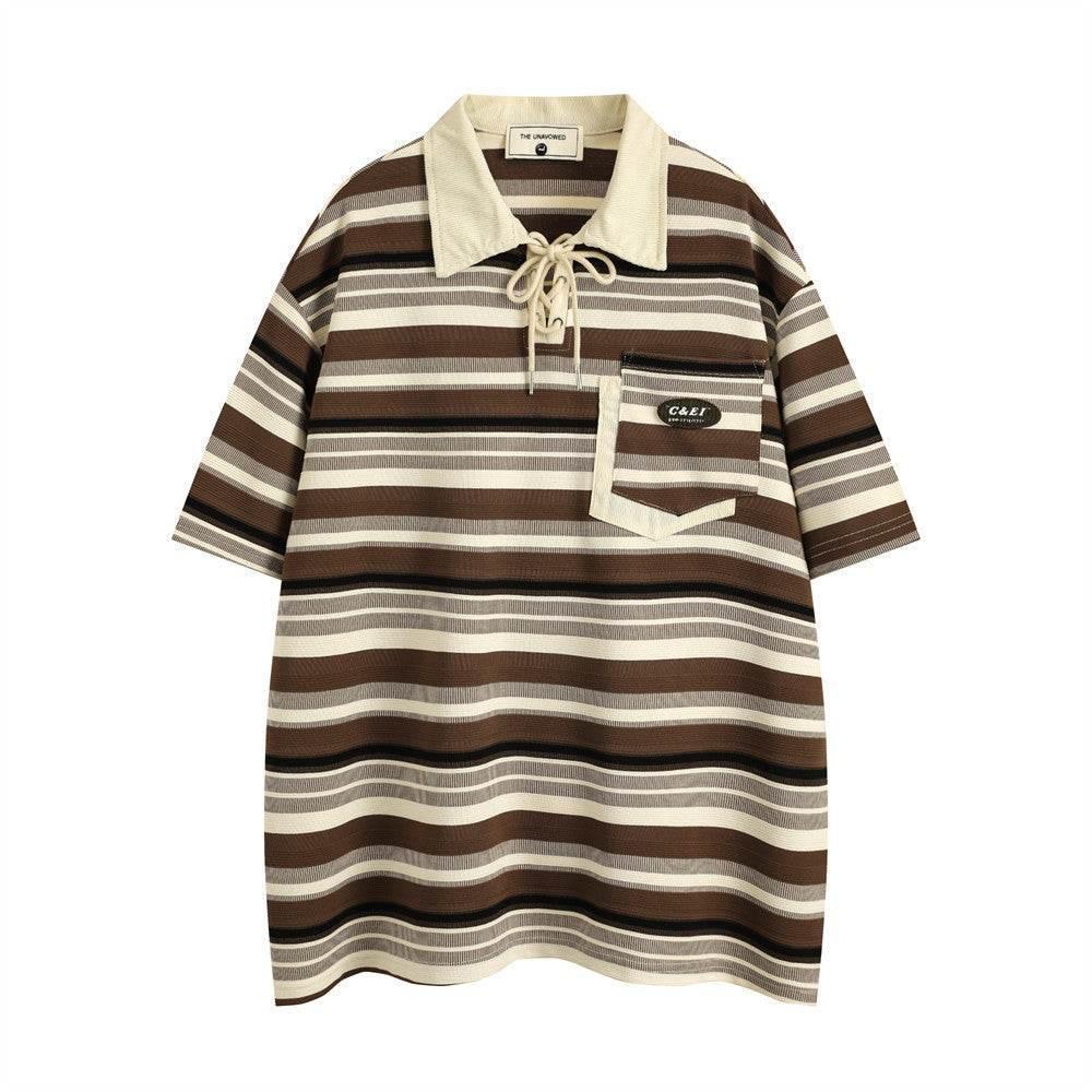 Retro Loose Striped Short-sleeved Polo Shirt For Men Green