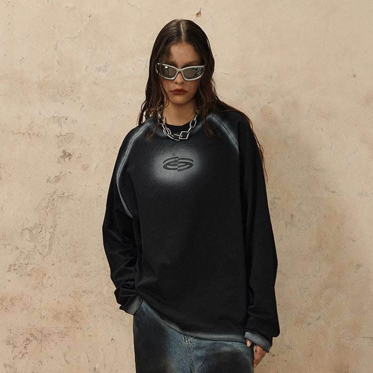 Retro Goth Spray Painting Loose Round Neck Pure Cotton Tops For Women MuddyStock