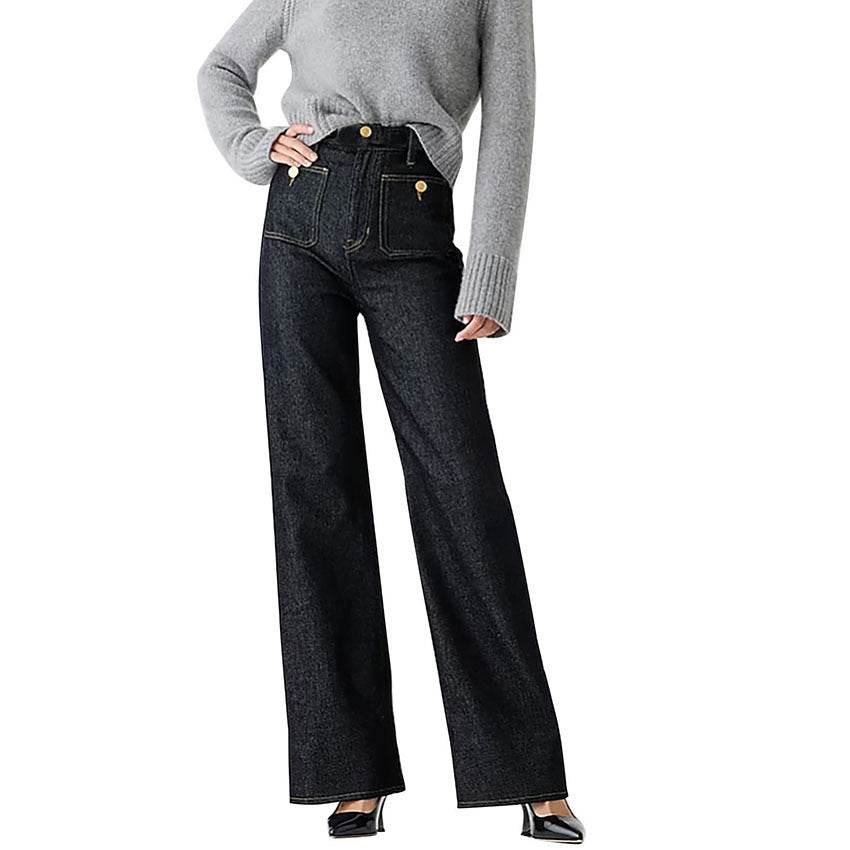Women's Loose Leisure Washed-out Button Wide-leg Skinny Jeans Black And Long 2XL MuddyStock