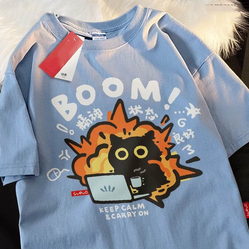 Black Cat Cotton Short-sleeved T-shirt Casual Loose Summer Breathable For Both Men And Women Milk Blue MuddyStock