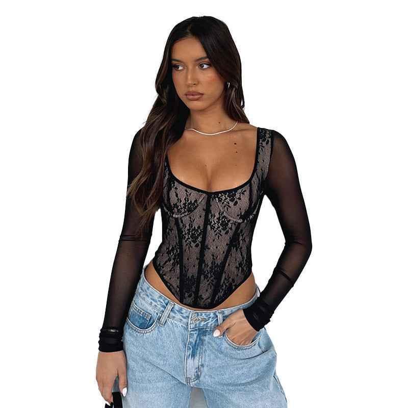Lace Stitching Girdle Printed Long-sleeved Top For Women