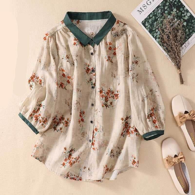 Cotton And Linen Top Women's Loose Printed Linen Shirt Red