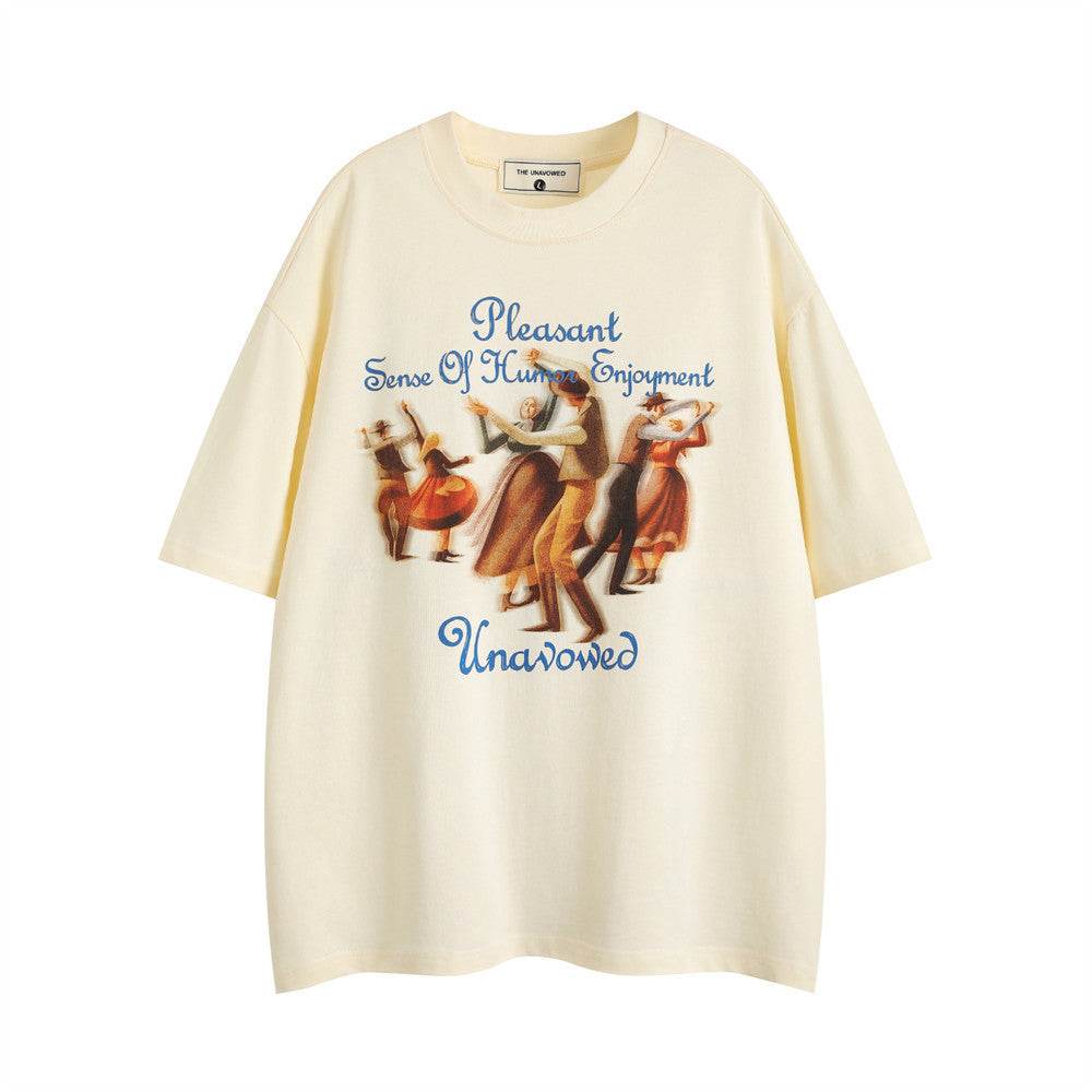 Retro Dancing Crowd Printed Short-sleeved T-shirt For Men Apricot MuddyStock