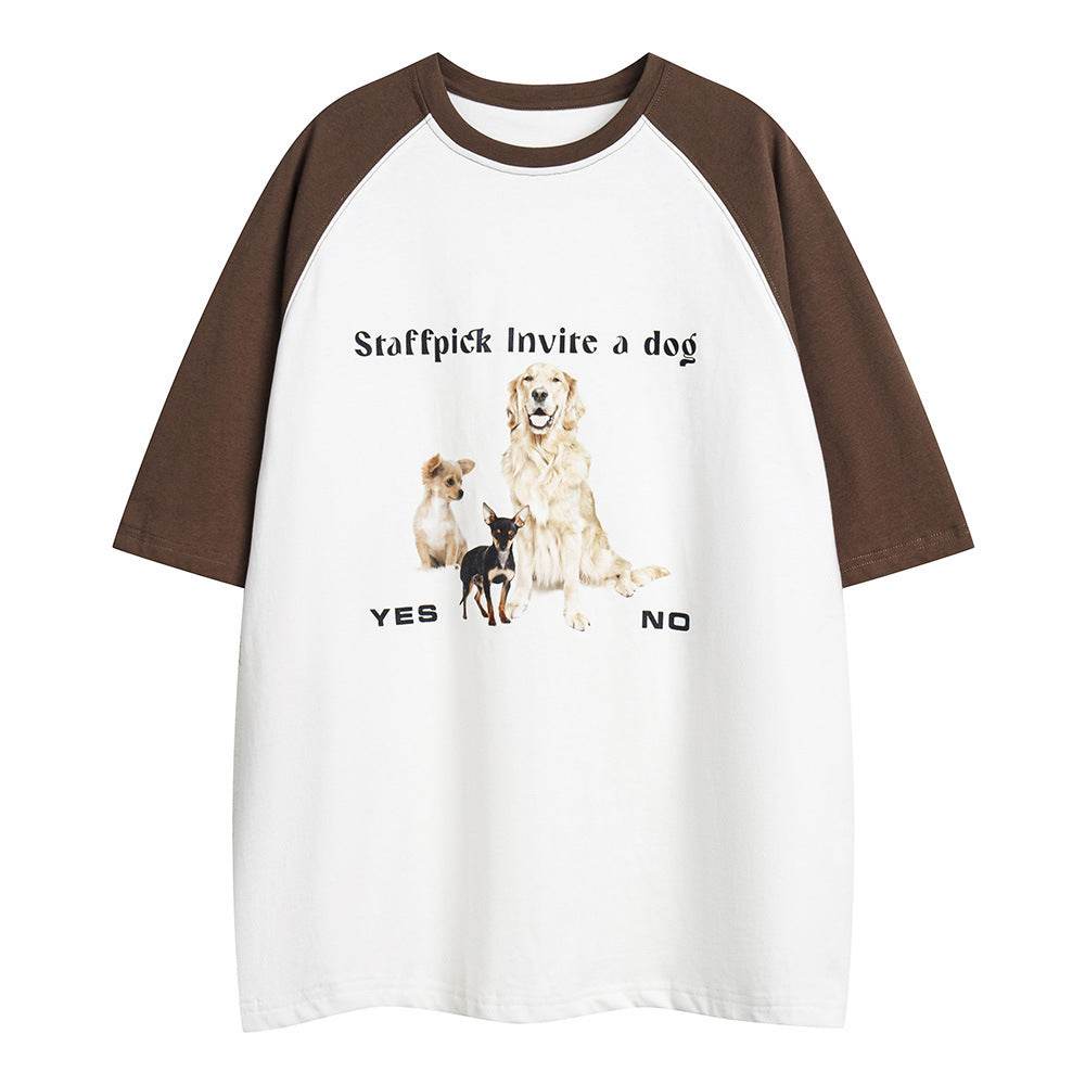 Animal Puppy Printed Color Matching Short Sleeve For Women White MuddyStock