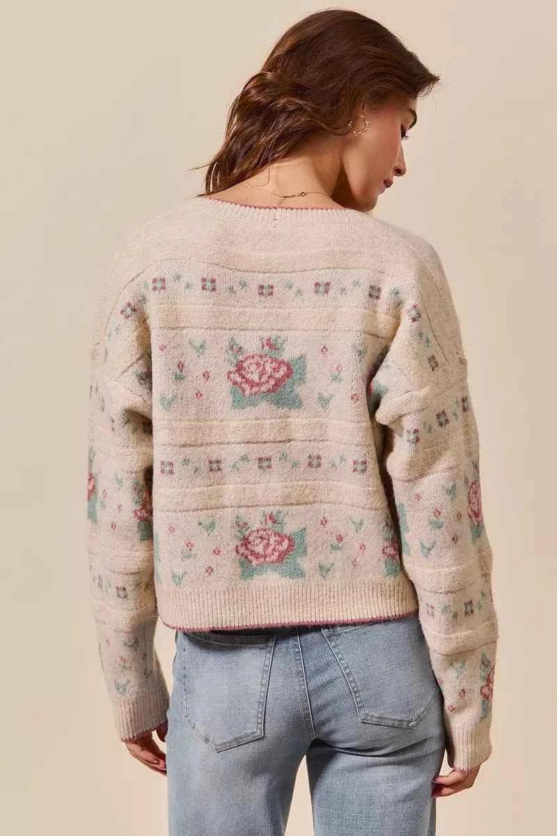 Floral Pattern Long Sleeve Button Sweater Cardigan For Women