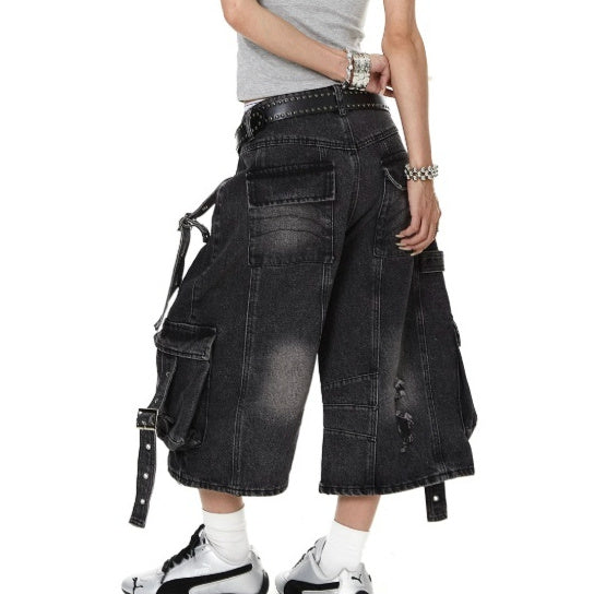 Frayed-hem Distressed Denim Capri Pants For Women