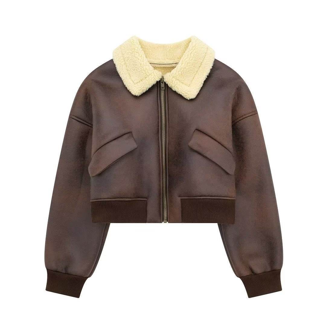 Thickened Lapel Double-sided Pilot Short Jacket For Women Dark Brown MuddyStock